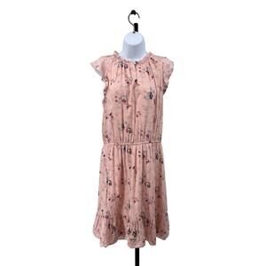 Loft Short Flounce Dress WMNS M Pink Floral Mini Sleeveless Ruffle Elastic Waist